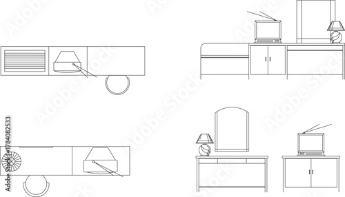 Vector line drawing set of bedroom or office furniture, including desk, storage unit, vanity, mirror, lamp, and TV unit.