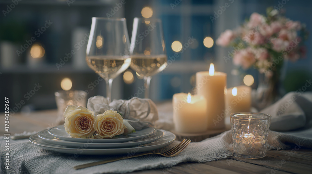 Fototapeta premium Enchanting Candlelit Dinner for Two: Exquisite Table Setting with Two Wine Glasses, Soft Cream Roses, Stacked Dinnerware, and Warm Bokeh Glow for a Perfect Romantic Evening Celebration