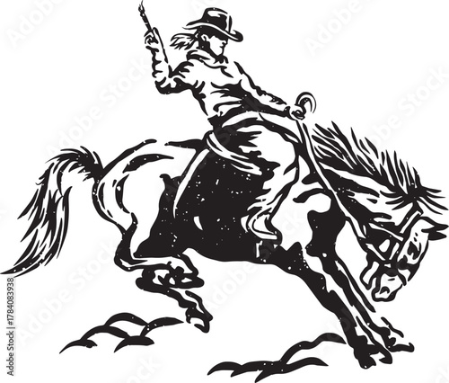 Retro Cowboy Riding Bucking Horse Western Illustration