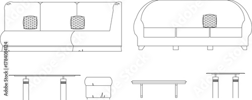 Vector set of sofa and table elevation drawings for interior design. Features straight and curved sofas with cushions.