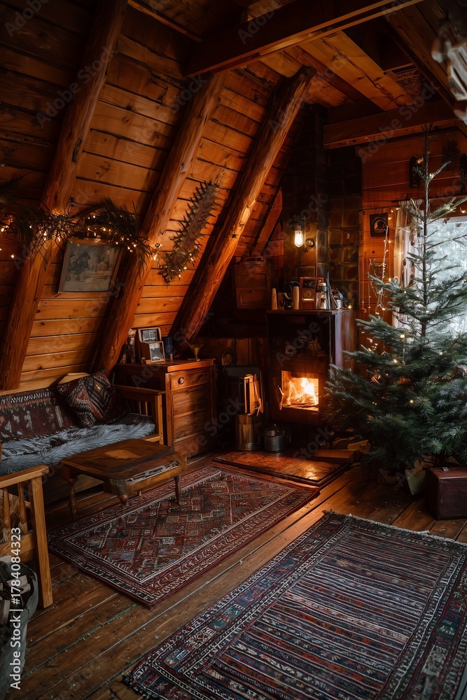 Naklejka premium Cozy wooden cabin interior with fire in the stove, Christmas tree and large window to forest. Serene retreat in winter nature with warmth and calm.