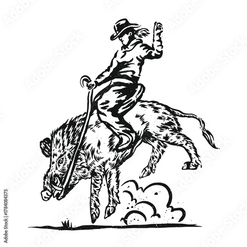 Cowboy Bronco Rider Black and White Rodeo Vector Illustration