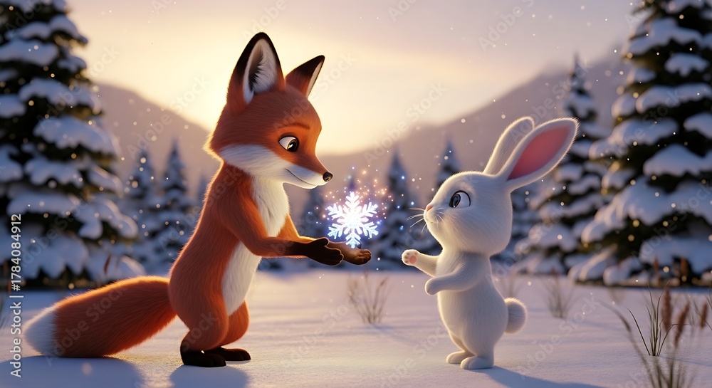 Naklejka premium Charming fox and bunny share a winter snowflake in snowy forest scene