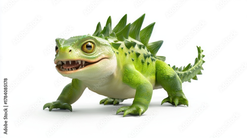 Fototapeta premium Lively and Colorful Cartoon Fantasy Creature with Spikes, Green Skin, and Bright Eyes Perfect for Children's Illustrations