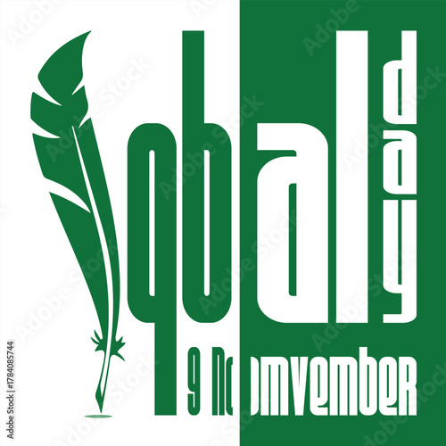 Allama Iqbal Day Commemoration: An artistic graphic composition, with a serene green and white theme, commemorates Allama Iqbal Day, paying homage to the visionary poet and philosopher. 