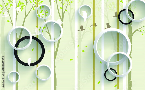 Whimsical forest scene with floating geometric shapes and birds, evoking a sense of playful fantasy and nature.