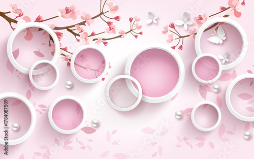 Delicate pink cherry blossoms float among elegant geometric circles and soft pearls, evoking spring.