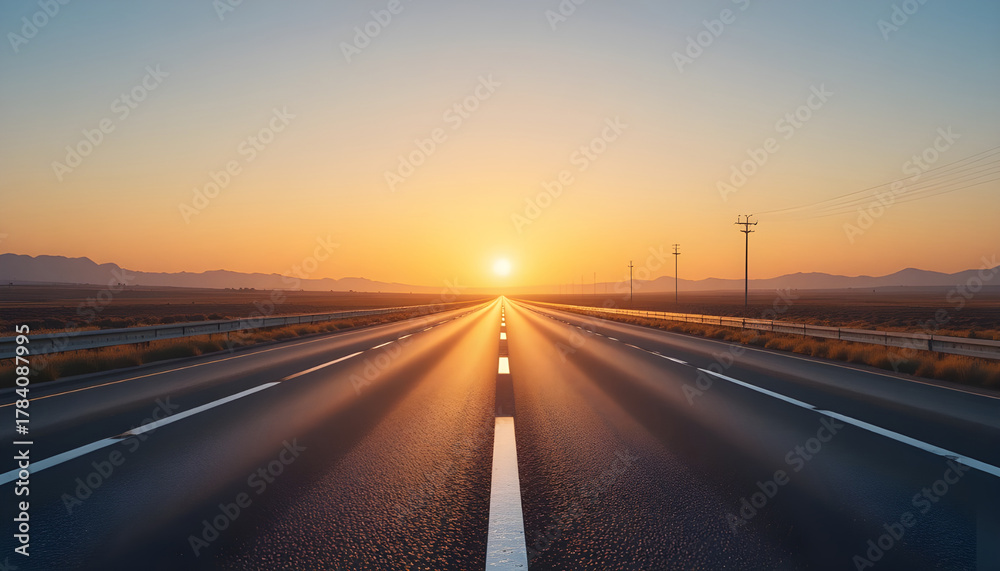 Obraz premium Empty highway stretches towards a vibrant sunset over distant mountains