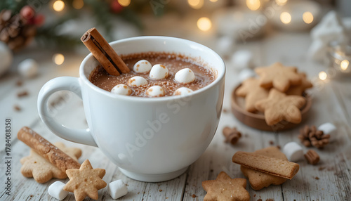 Warm winter drink with marshmallows cinnamon and festive star cookies