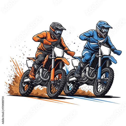 Dynamic motocross racers battle for the lead, kicking up dirt and adrenaline in a thrilling off road competition
