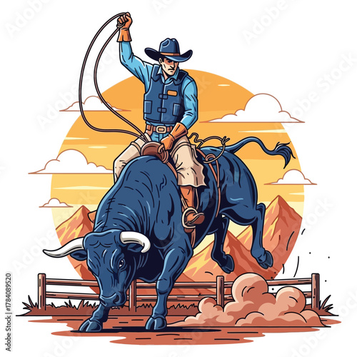 Dynamic cowboy mastering a powerful bull in a thrilling rodeo performance against a vibrant sunset landscape