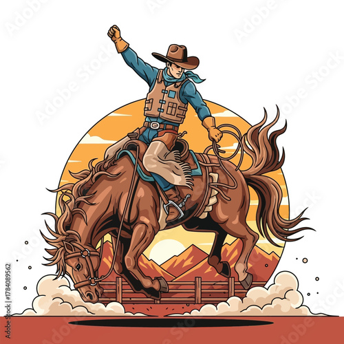Dynamic cowboy rides bucking bronco in thrilling rodeo action against a sunset backdrop, capturing raw energy and adventure