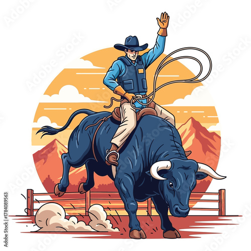 Dynamic cowboy bravely riding powerful bull in thrilling rodeo action with sunset backdrop