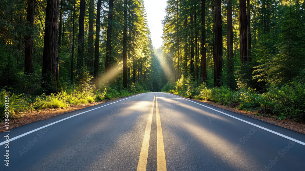 Fototapeta premium Sunny forest road misty pine forest sunbeam through trees empty two lane highway peaceful drive