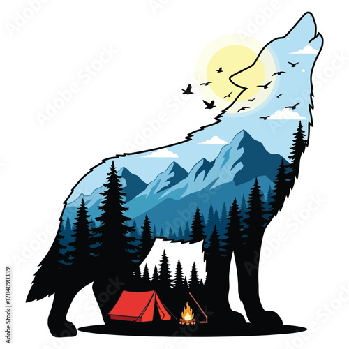 Majestic wolf silhouette cradles a breathtaking mountain landscape with a cozy campsite under a vibrant sunlit sky