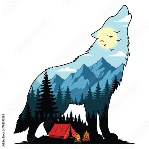 Majestic wolf silhouette howling under moonlit mountains and forest campsite, evoking wilderness adventure and freedom.