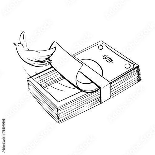 Conceptual illustration of a bird taking flight with a banknote from a stack of cash