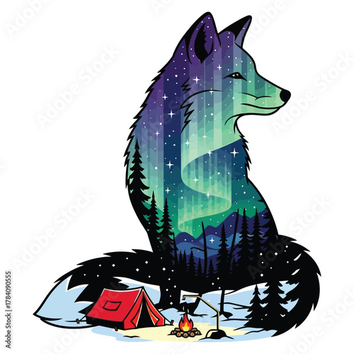 Stunning fox silhouette cradles vibrant aurora borealis over serene winter camping scene, inspiring adventure and wonder