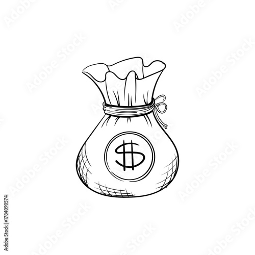 Hand-drawn sketch illustration of a classic money bag with a dollar sign
