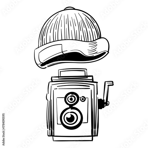 Hand-drawn line art illustration featuring a vintage film camera paired with a classic knit beanie hat