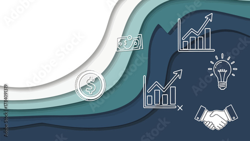 Dynamic business growth icons like charts, money, lightbulb, and handshake on layered background symbolizing success and innovation in finance.