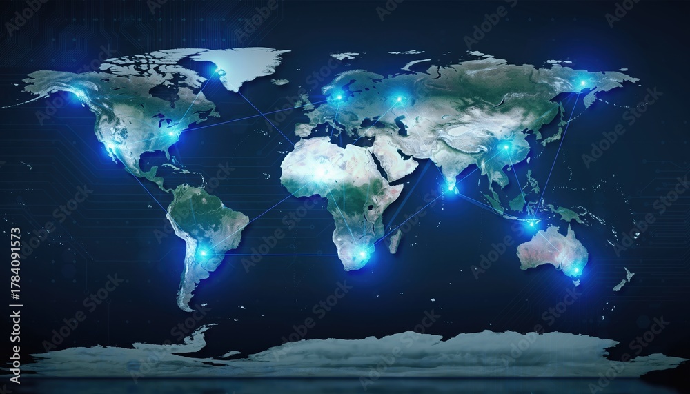 Fototapeta premium High tech World Map with Interconnected Blue Light Data Nodes Illustrating Global Connectivity