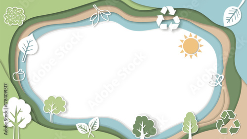 Vibrant eco friendly landscape with trees leaves sun and recycling symbols creating a natural backdrop for environmental themes