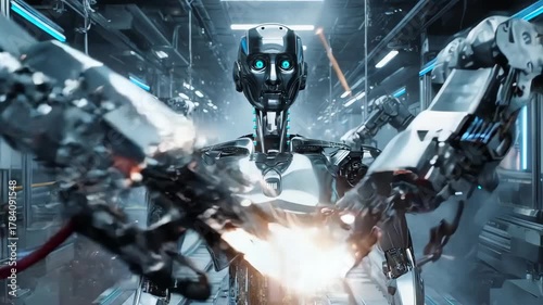 A robot is assembled in a high-tech factory. Multiple robotic arms work