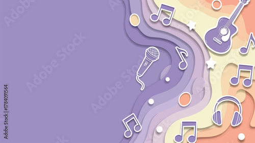 Vibrant music notes, guitar, microphone, and headphones artfully arranged on a colorful layered background, perfect for creative projects.
