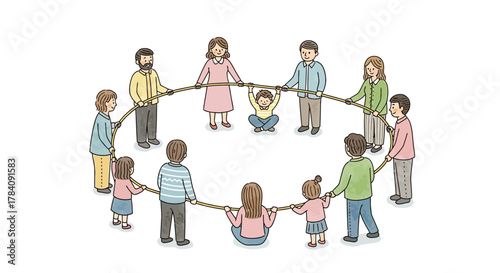 Family Bonding Time – Parents and Kids Holding Hands in a Circle Illustration