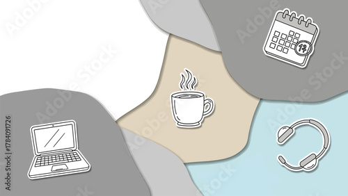 Organize your workday with essential tools like a laptop, calendar, and headset, fueled by a comforting cup of coffee for peak productivity.