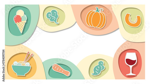 Vibrant and playful collection of food icons like ice cream, ramen, pumpkin, and wine evokes delicious joy and culinary creativity for modern designs.