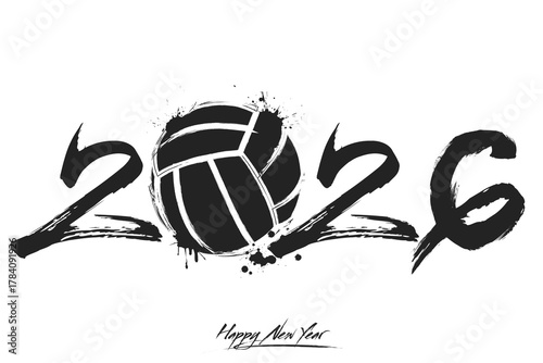 Numbers 2026 and a abstract volleyball ball made of blots in grunge style. Design text logo Happy New Year 2026. Template for greeting card, banner, poster. Vector illustration on isolated background