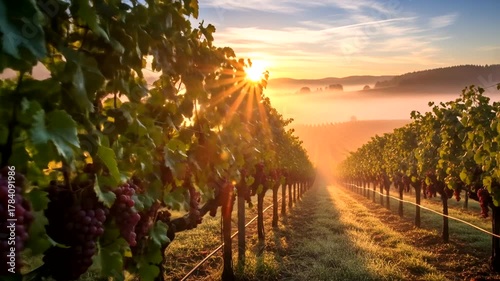 Serene sunrise over a vineyard, showcasing ripe grapes and misty hills in the background