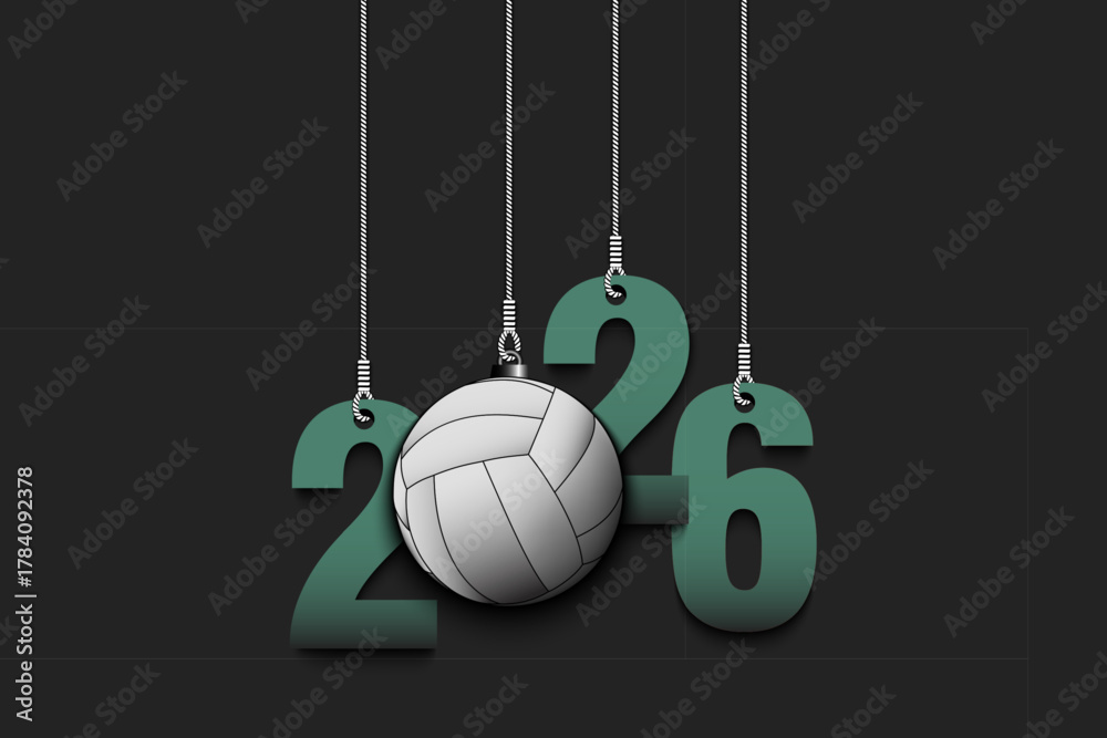Obraz premium Numbers 2026 and volleyball ball as a Christmas decorations are hanging on strings. New Year 2026 are hang on cords. Template design for greeting card. Vector illustration on isolated background