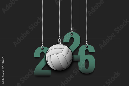 Numbers 2026 and volleyball ball as a Christmas decorations are hanging on strings. New Year 2026 are hang on cords. Template design for greeting card. Vector illustration on isolated background