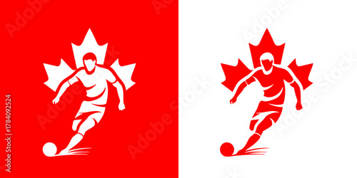Canada soccer player logo design with maple leaf silhouette and football icon for national sports branding