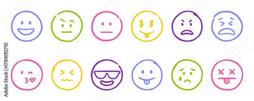 Crayon emoji face doodle set. Chalk icons with emotions, hand drawn kids smile in sketch style. Vector illustration isolated on white background