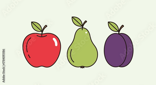 Isolated cartoon style fruits: vibrant trio of apple, pear, and plum illustration