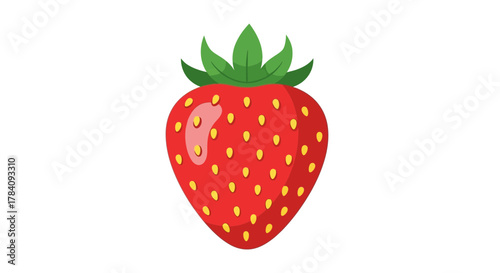 Illustration of vibrant single strawberry with seeds and green leaves
