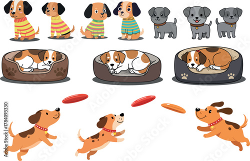 Cute dogs in sweaters sleeping in beds and playing fetch vector illustration for pet themes 