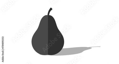 Minimalist dark pear illustration with long shadow on a white background