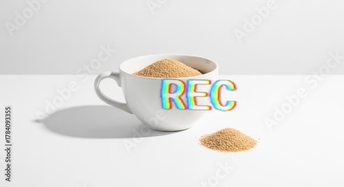 White coffee cup with sugar and colorful REC text on white table background. Digital lifestyle concept