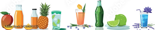 Assorted tropical fruit drinks, juice bottles, and cocktails with citrus and flowers in colorful summer vector arrangement 