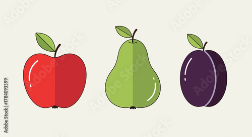 Stylized vector illustration featuring an apple, pear, and plum in a row