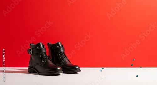 Pair of shiny black leather boots standing on red background in modern minimal style. Fashion concept