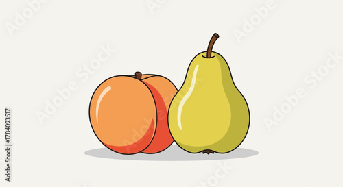Whimsical illustration of a yellow pear and a juicy orange peach side by side