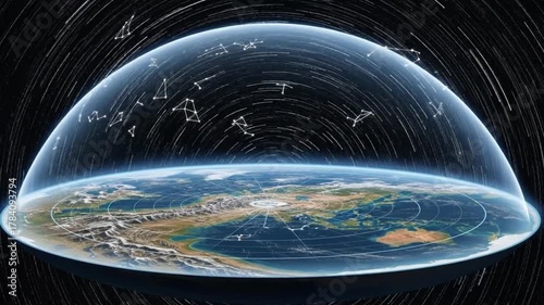 Flat Earth Model Under a Rotating Dome Sky with Star Trails and Constellations - Conceptual Representation of a Geocentric Worldview
