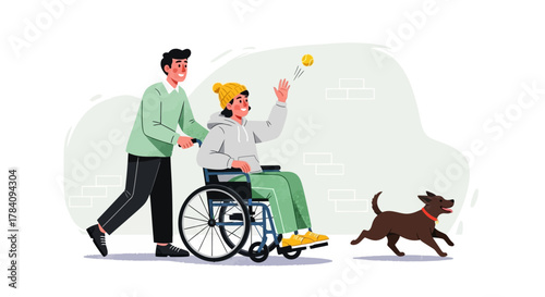 Man and Woman in Wheelchair Playing Fetch with Dog