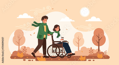Man Pushing Woman in Wheelchair on Windy Day